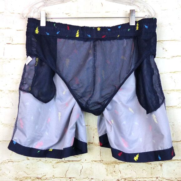 Trunks Surf & Swim Sano Shorts Men L Navy Blue Lighting Bolts Brief Lining Beach - Picture 11 of 12